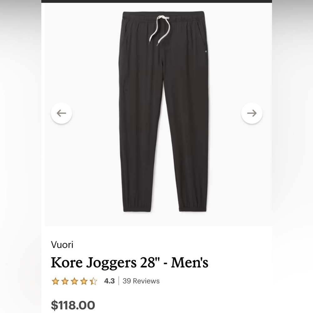 Vuori Kore Jogger 28" Men's XL Black Athletic Running Pants - Built in Boxer - Picture 3 of 16